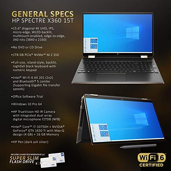 HP Spectre x360 2-in-1 Laptop, 15.6 4K UHD Touchscreen, Intel Core  i7-8565U Processor up to 4.6GHz, 16GB RAM. 256GB SSD, Backlit Keyboard